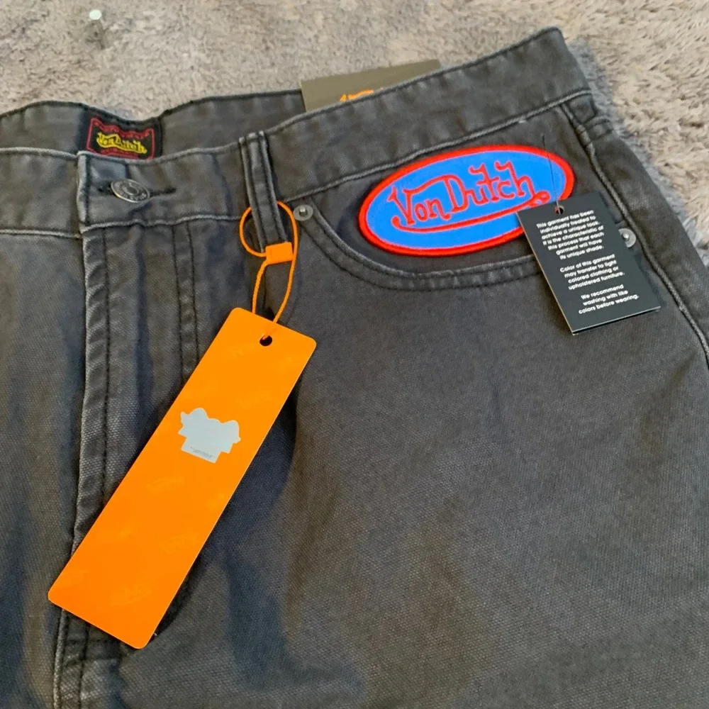Von Dutch Mens Wide Leg Skate Pants Grey Canvas Baggy Logo Y2K New 36x31